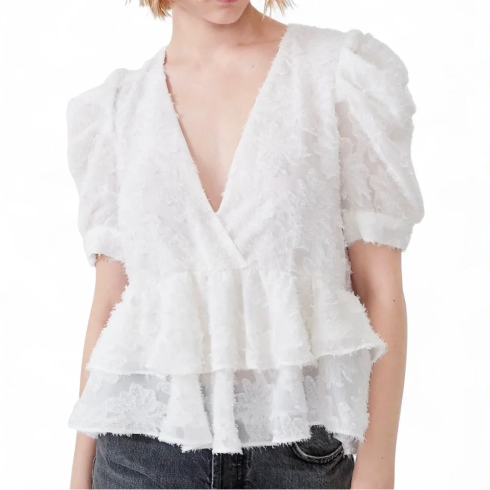 ZARA White Textured Tiered Voluminous Top {Small}